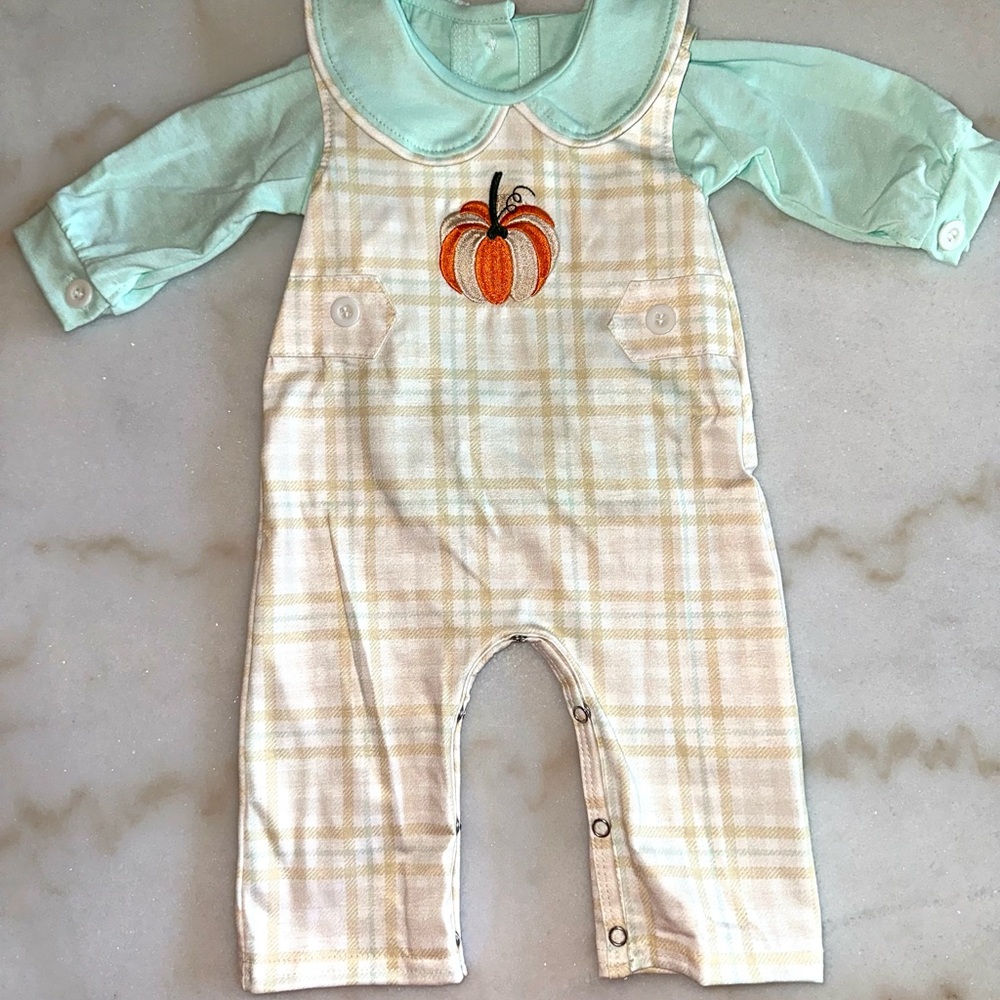 Plaid Baby Romper with Pumpkin Embroidery